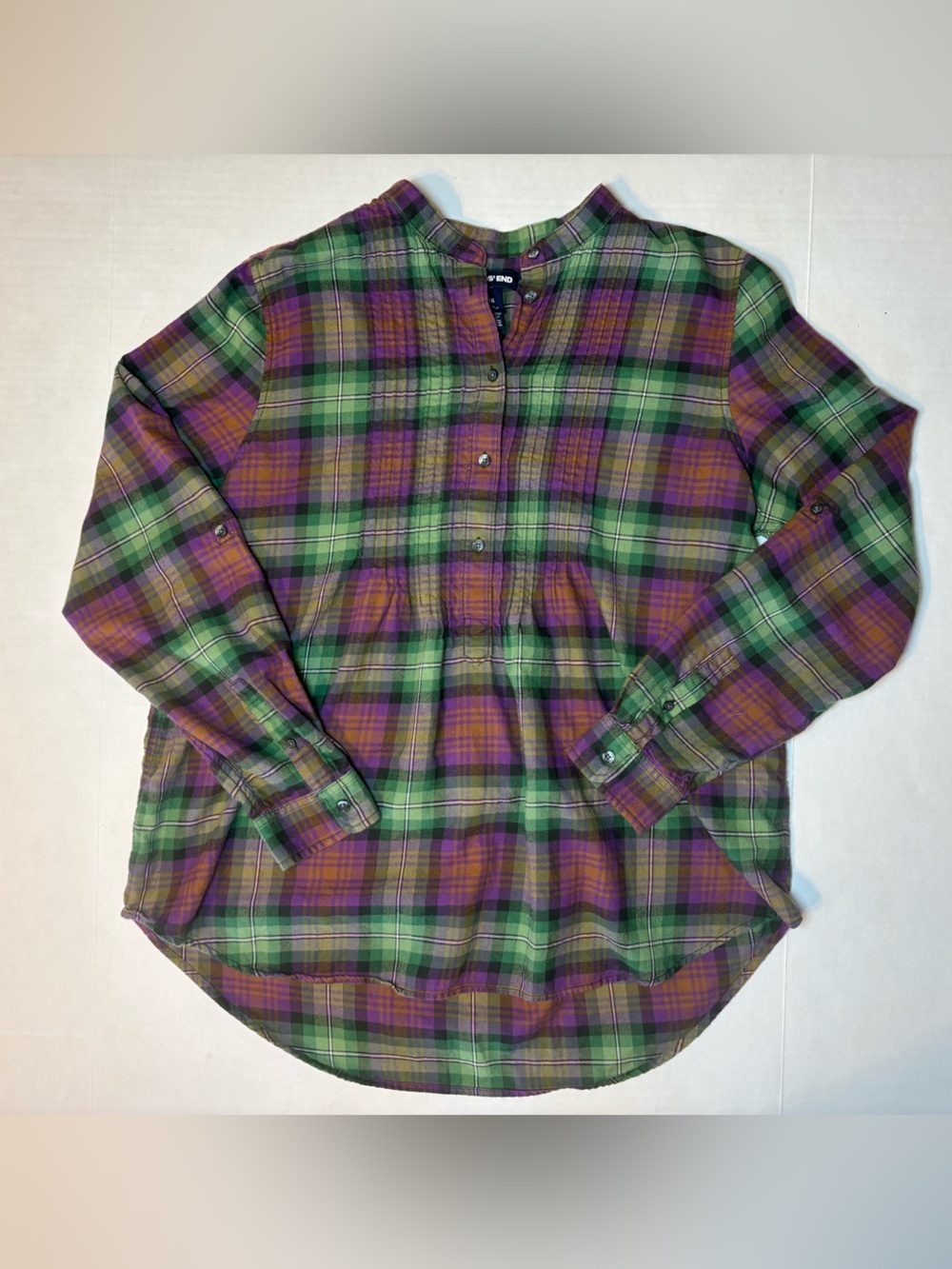 Land’s End Green & Purple Flannel Popover Shirt Blouse 100% Cotton Size 16